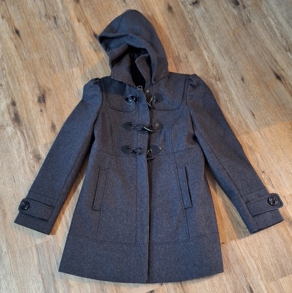 Guess Charcoal Gray Hooded Wool Coat With Black Toggle Zip Up Size Medium Bin16